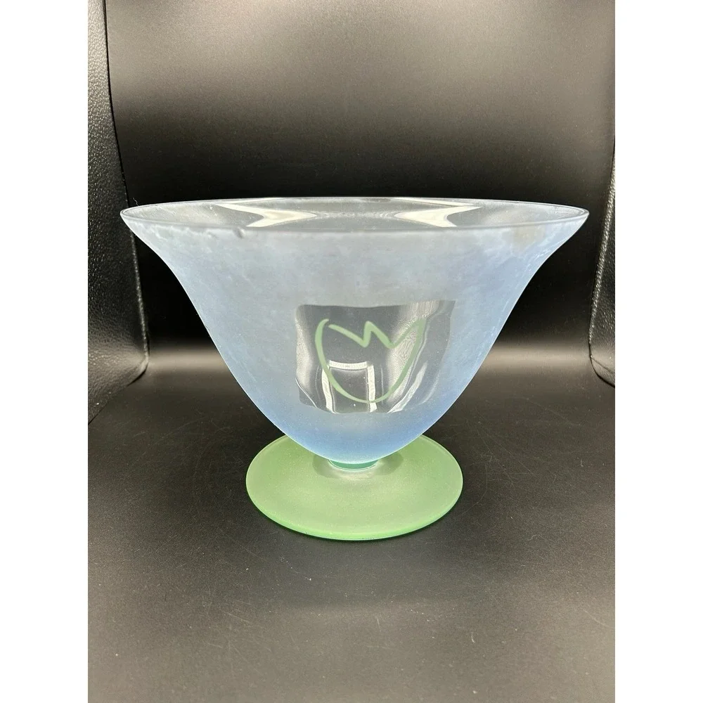 Block Mouth Blown Crystal Art Glass Footed Bowl Frosted Blue Body Green Base
